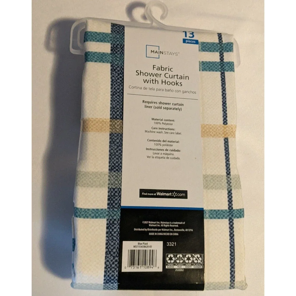 Mainstays Fabric Shower Curtain with Hooks Blue Plaid 13 Pieces